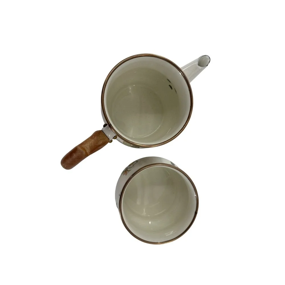 MacKenzie Childs‎ Camp Rose Coffee Pot Sugar Bowl Set Cream Floral Enamel